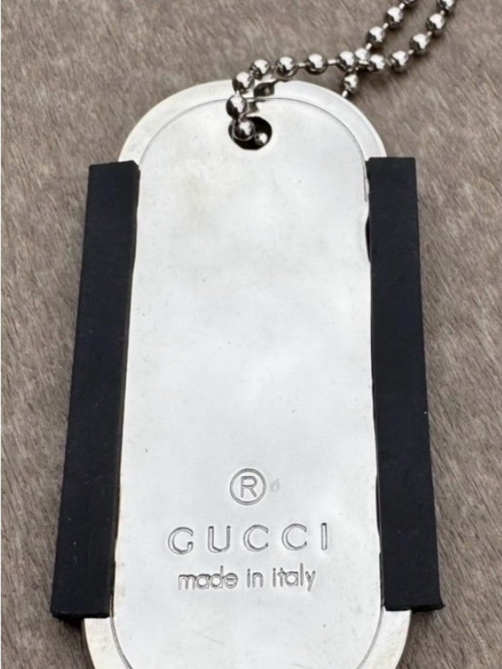 Gucci Silver Dog Tag Pendant with Black Accents on silver chain